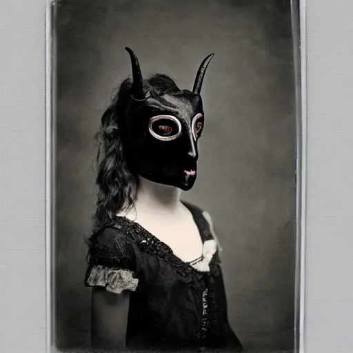 Image similar to tintype of a girl with black goat mask, hyperrealistic, 8 k