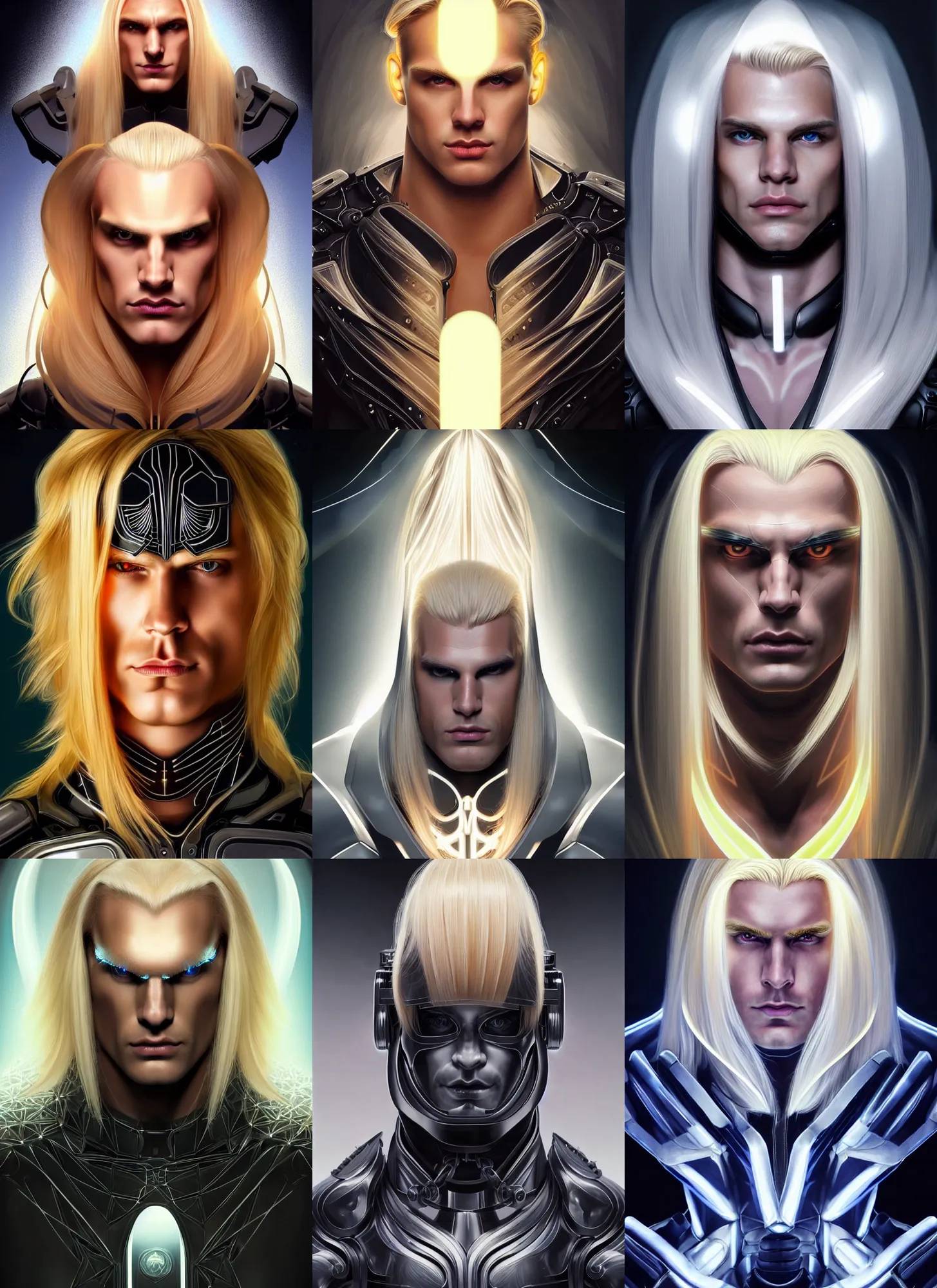 Prompt: symmetry portrait of an evil blond beefy british male cyborg with very long blond hair, clean shaven!!!!, sci - fi, evil villain black cybernetic armor, glowing lights intricate, elegant, highly detailed, digital painting, artstation, concept art, smooth, sharp focus, illustration, art by artgerm and greg rutkowski and alphonse mucha