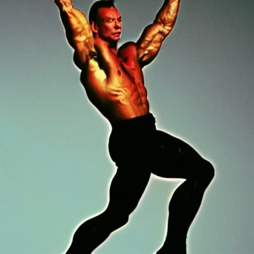 Image similar to Jean Claude Vandamme, 1992, doing the splits, dramatic lighting, award winning, octane,