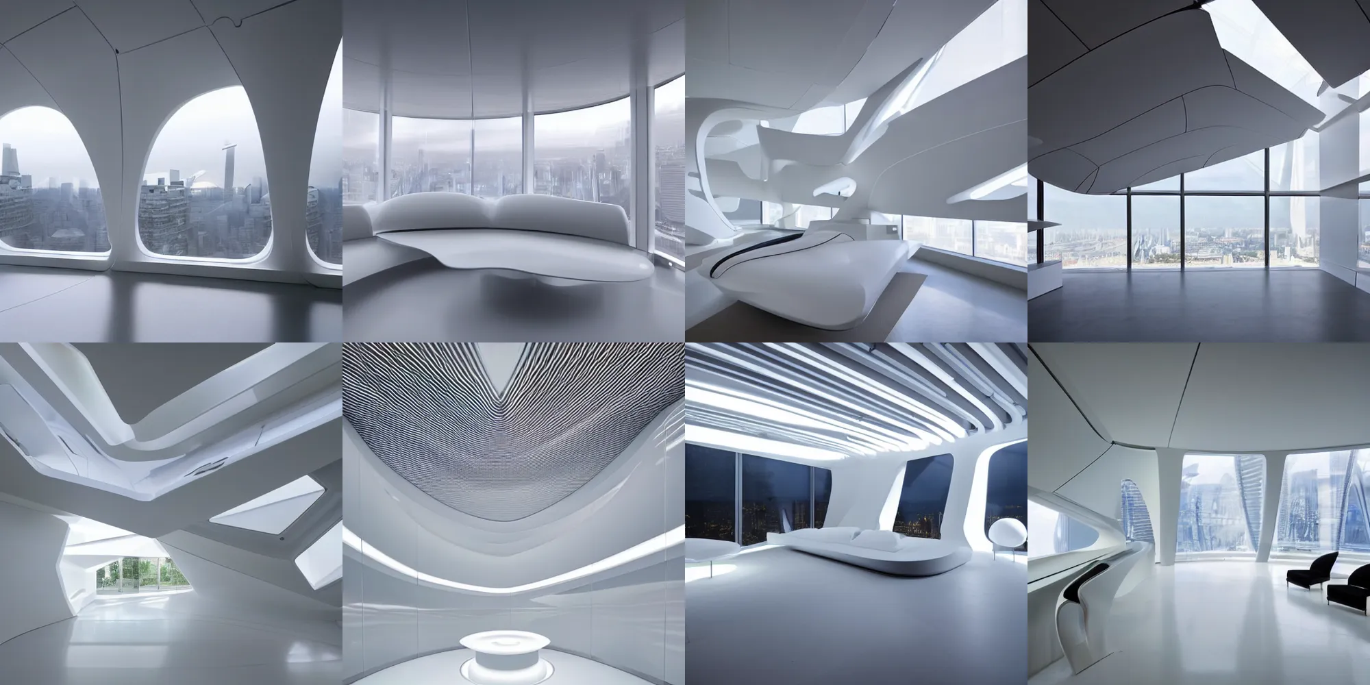 Prompt: white clean futuristic room design in the architecture and forms of zaha hadid, ultrarealistic volumetric lighting through the windows with a futuristic skyline outside