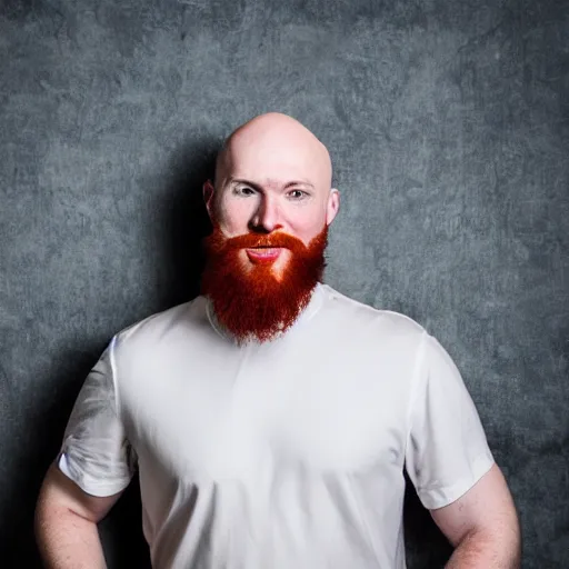 Prompt: realostic portrait of a 26 year old bald white man with a red beard, acting headshot, photograph