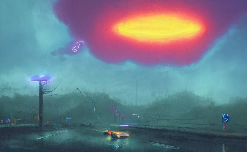 Prompt: a giant electric eel flying through the stormy sky, lighting arcing across its body, sci-fi painting by simon stålenhag, beautiful lighting, trending on artstation