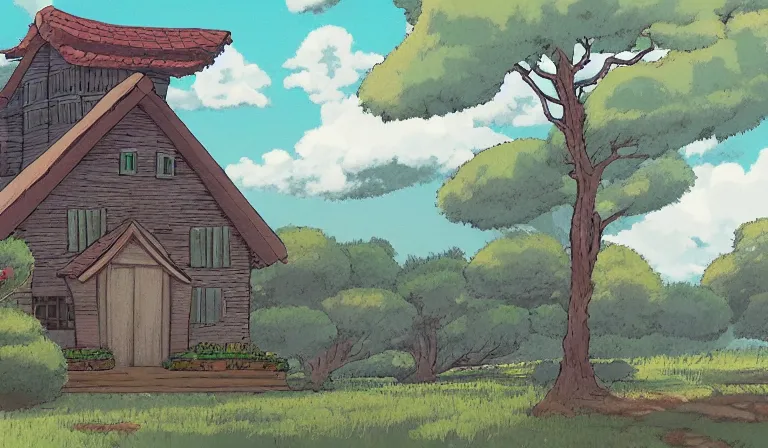 Prompt: A serene landscape with a singular building in the style of Studio Ghibli.