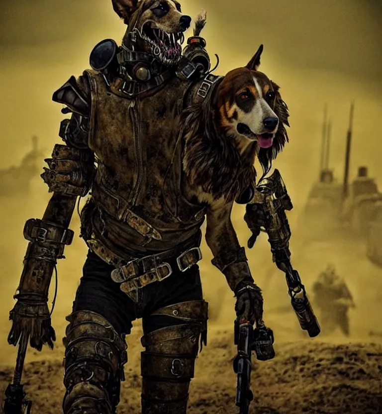 Image similar to a good ol'hound dog fursona ( from the furry fandom ), heavily armed and armored facing down armageddon in a dark and gritty version from the makers of mad max : fury road. witness me.