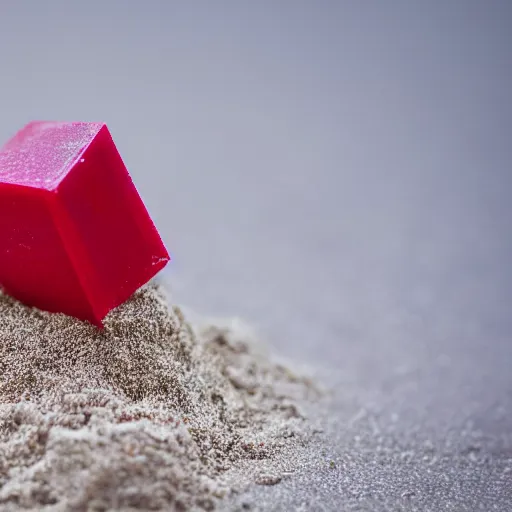 Image similar to cube shaped ruby standing on sand, macro photo, high detail, nikon d 8 1 0, ƒ / 5. 6, focal length : 6 0. 0 mm, iso : 2 0 0