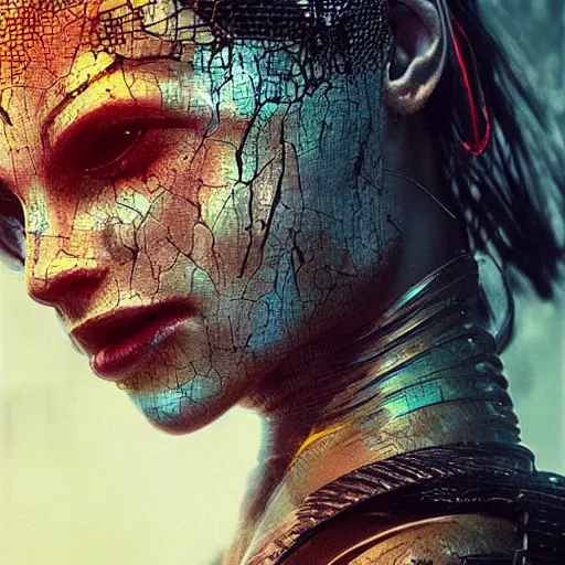 Prompt: sexy beautiful woman with yellow snake eyes, head made of mech mask rendered in unreal engine, movie shot from the witcher, cyberpunk universum, dark scifi, painted by carne griffiths and beksinski