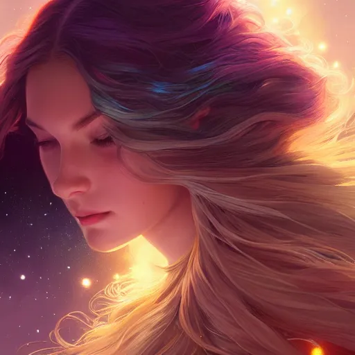 Prompt: aurora, girl with super long hair, hair becoming bright stars, intricate, highly detailed, digital painting, artstation, concept art, smooth, sharp focus, illustration, unreal engine 5, 8 k, art by artgerm and greg rutkowski and alphonse mucha