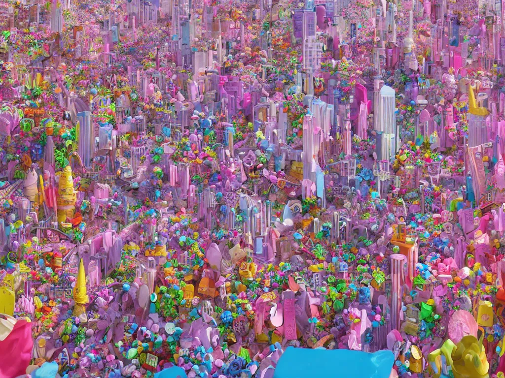 Image similar to an urban landscape where the buildings are made of candies, cotton candy, marshmallow and sweets, david lachapelle, alice in wonderland, trending on artstation,