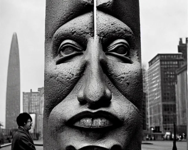 Image similar to by francis bacon, vivian maier, mystical photography evocative. an intricate fractal concrete and chrome carved sculpture of the secret faces of god, standing in a city center.