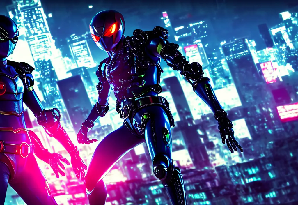 Image similar to kamen rider action pose, with cyberlook belt, human structure concept art, human anatomy, full body hero, intricate detail, hyperrealistic art and illustration by maxx soul and irakli nadar, global illumination, blurry and sharp focus, on tokyo cyberpunk night rooftop, frostbite engine