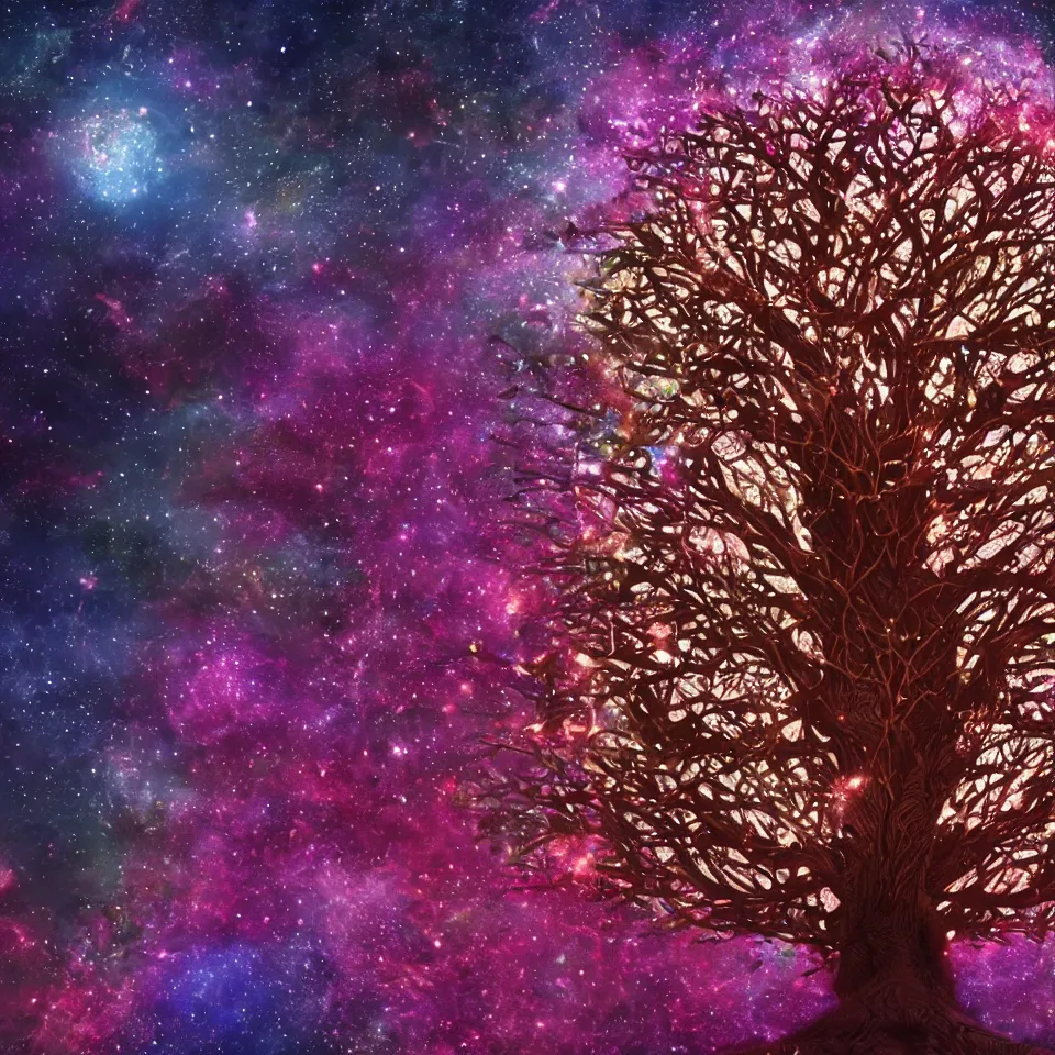 Image similar to cosmic tree of life made of stars, center composition, cinematic, trending on artstation, low level, 4K UHD image, octane render,