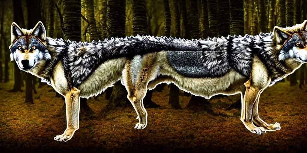 Prompt: chimera made of a wolf and a crocodile, awarded on pixiv, trending on deviantart, realistic birch wood swamp, professional photoshop utilizing real life photos