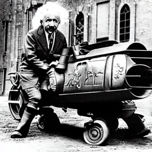 Image similar to Albert Einstein flying a Warhammer 40k Storm Speeder