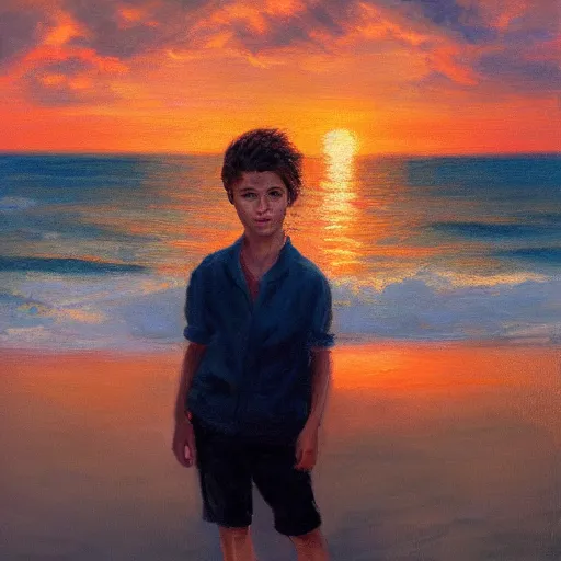 Image similar to an influencer boy portrait, sunset, ocean in distance, oil painting, pale colors, high detail, 8 k, wide angle, trending on artstation,