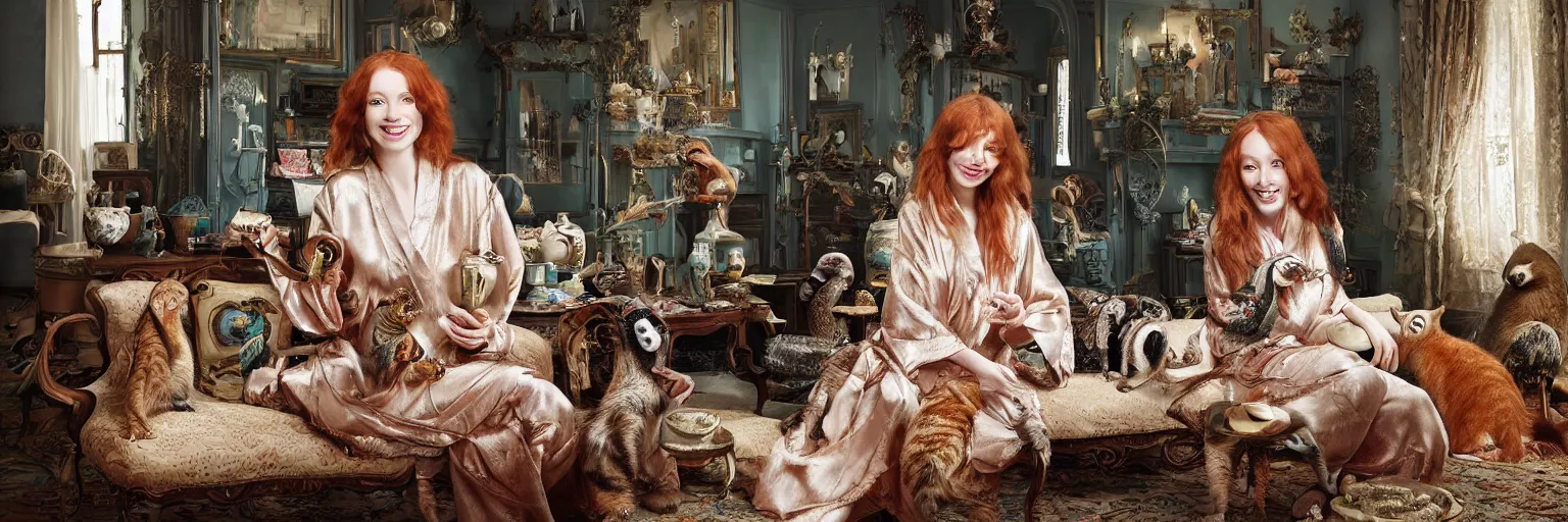 Image similar to a stunning hyper-detailed photorealistic painting of a slender beautiful smiling woman with long ginger hair and bangs, wearing a luxurious silk robe, wearing headphones and posing with her large ginger tabby cat and her raccoon and parrots in an overstuffed easy chair in her sunlit victorian living room, holding a porcelain parrot-shaped coffee mug and a donut, perfect eyes, fashion photography, cinematic lighting, octane render, IBEX Masters, unreal engine, 85 mm lens,