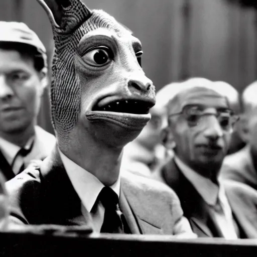 Prompt: jar jar binks, a war criminal, at the nuremberg trials, archive photo by reuters