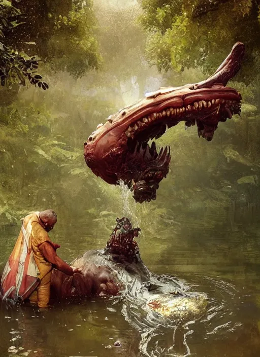 Image similar to huge towering beastly monstrous creature emerging from lake in urban park on sunny day, splashing, partially submerged, water cascading, by sergey kolesov and lawrence alma tadema and norman rockwell and greg staples and craig mullins and john berkey and ruan jia, artstation creature art