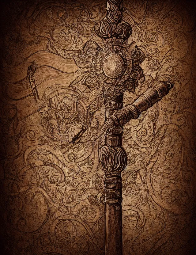 Image similar to an ornate wooden staff, fantasy illustration, medieval era, blank background, studio lighting, hand - drawn digital art