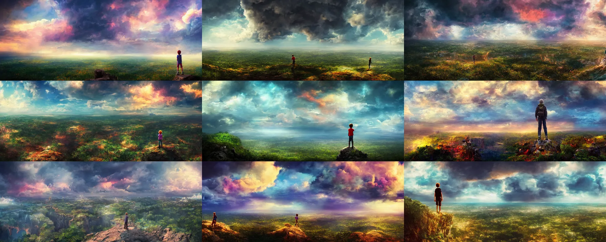 Prompt: Colorful dramatic puffy clouds, Kid standing on the edge of a cliff overlooking a forest, Glowing city on the horizon, matte painting, concept art, 4K