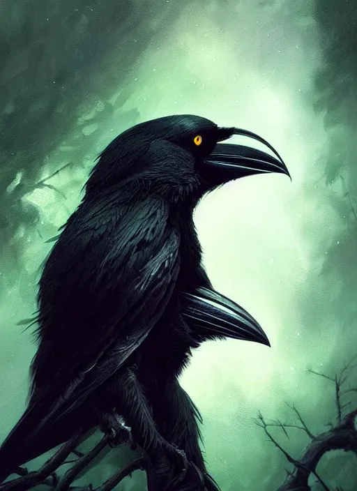 Image similar to side portrait dark crow (animal), close-up, fantasy forest landscape, moonshine, fantasy magic, nice black feather, proud, green dark light night, intricate, elegant, sharp focus, illustration, highly detailed, digital painting, concept art, matte, art by WLOP and Artgerm and Greg Rutkowski and Eddie Mendoza, masterpiece