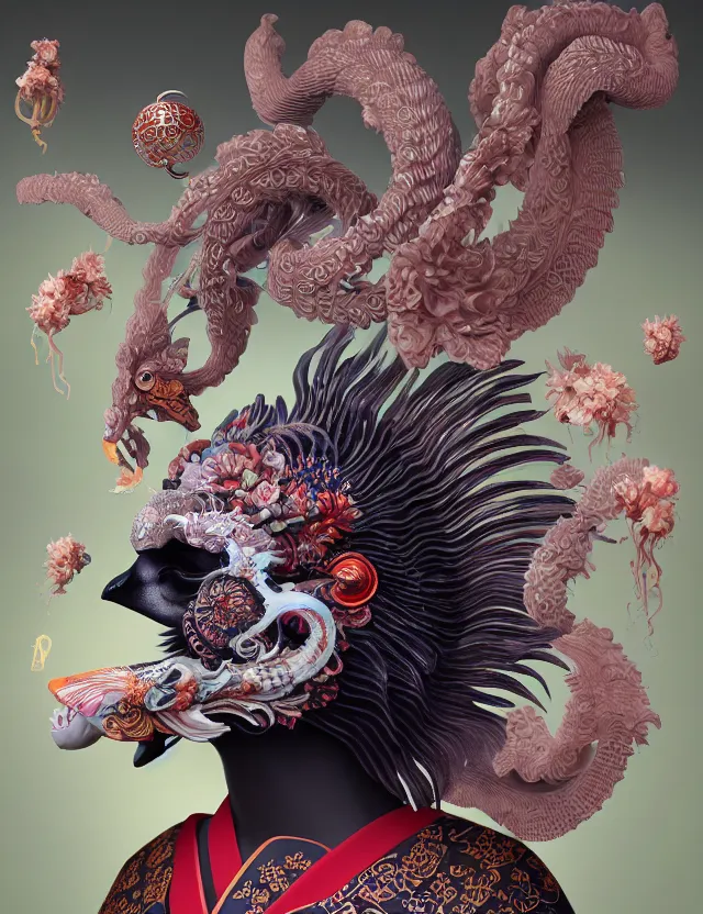 Image similar to 3 d goddess close - up frontal portrait with ram skull. beautiful intricately detailed japanese crow kitsune mask and clasical japanese kimono. betta fish, jellyfish phoenix, bio luminescent, plasma, ice, water, wind, creature, artwork by tooth wu and wlop and beeple and greg rutkowski