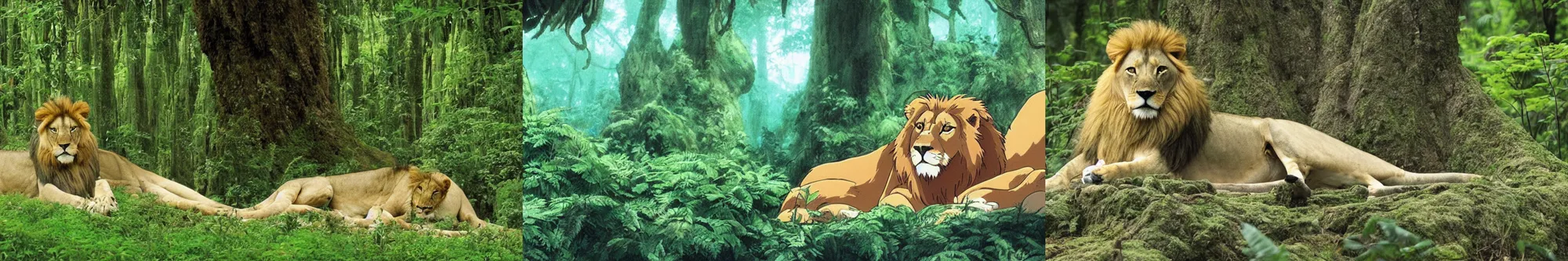Prompt: still photo of a majestic lion resting near the canopy forest, by Studio Ghibli