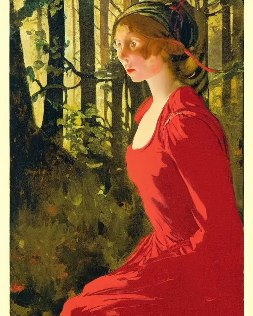 Prompt: a baroque painting of a girl wearing red lost in the dark woods, 1 9 7 0 s, seventies, wallpaper, delicate embellishments, painterly, offset printing technique, by brom, robert henri, walter popp