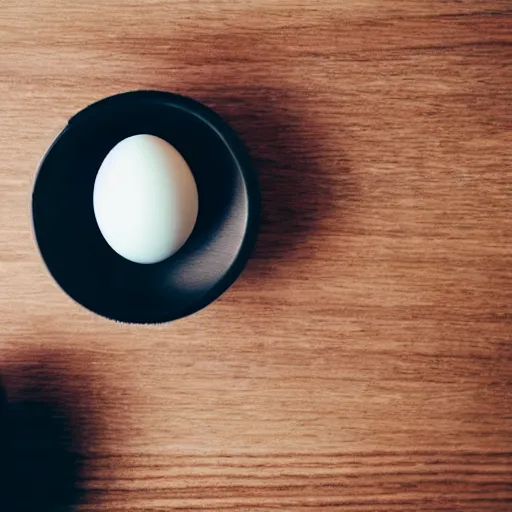 Image similar to a polaroid photograph of an egg, sitting on top a table with a burning candle. minimalistic, natural light, wood grain table top. swirling wood grain.