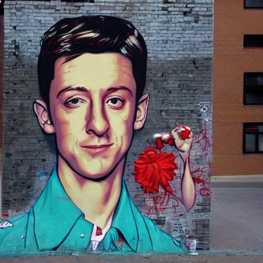 Prompt: Street-art portrait of Ferris Bueller from Ferris Bueller's Day Off movie in style of Etam Cru