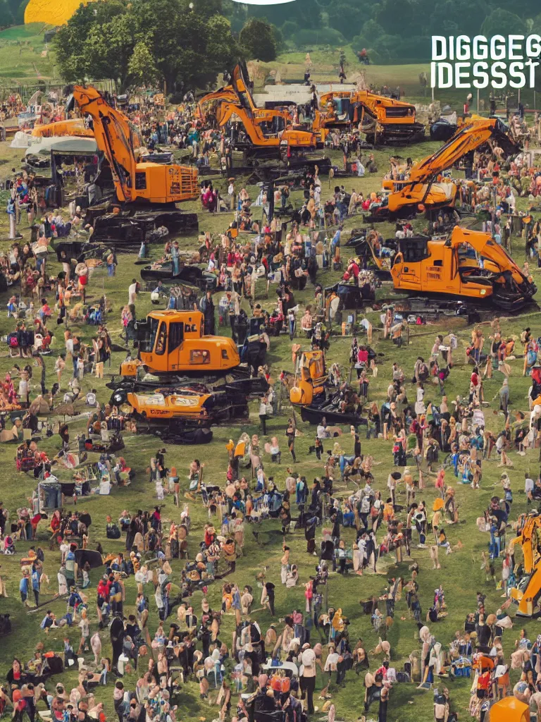 Image similar to poster for the diggerfest festival, in the uk, summer, diggers, teen vogue, 8 k, high detail, center of focus, rule of thirds, composition, y 2 k aesthetic