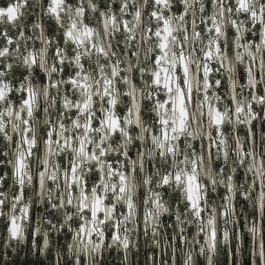 Image similar to long exposure photograph of eucalyptus trees, strong wind, back light, dslr, photographed by julie blackmon