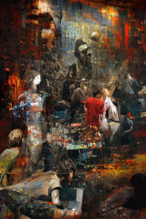 Image similar to a beautiful glitched painting by robert proch of people in front of a painting in a museum gallery, metal rust and plaster materials, pixel sorting, color bleeding, brushstrokes by jeremy mann, still life, dark colors