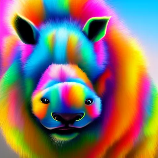 Image similar to cute fluffy rhinocerous with long flowing colorful fur character concept detailed painting 4 k