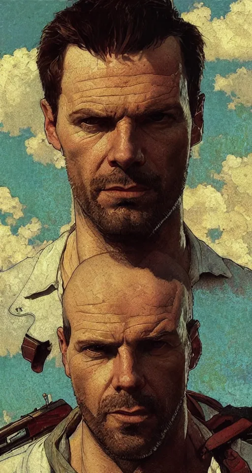 Prompt: close up max payne, sun shining, photo realistic illustration by greg rutkowski, thomas kindkade, alphonse mucha, loish, norman rockwell, in frame, symmetrical balance