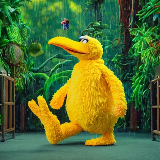 Prompt: hyperrealistic photo of sesame street's big bird if they were a penguin. anatomically correct bird. extremely detailed picture, jungle canopy in the background, light and rain trickling through