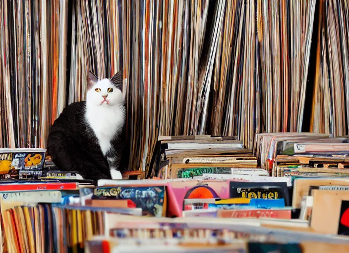 Image similar to photography of a Cat sitting on a pile of books and vinyls. a record player is in the shot. in a room full of vinyls and posters out of the 70's, photorealistic, raining award winning photo, 100mm, sharp, high res