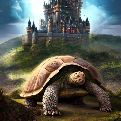 Image similar to large fantasy castle covering the top of a giant tortoise similar to howls moving castle and mortal engines, the tortoise moves accorss harsh wasteland with sharp rays of sunlight, distant - mid - shot, fantasy, hyper detailed, realistic