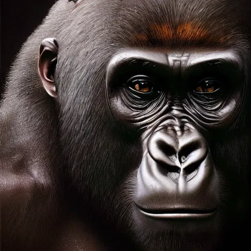 Image similar to a painting of a gorilla, greg rutkowski, leonardo da vinci cinematic lighting, hyper realistic painting