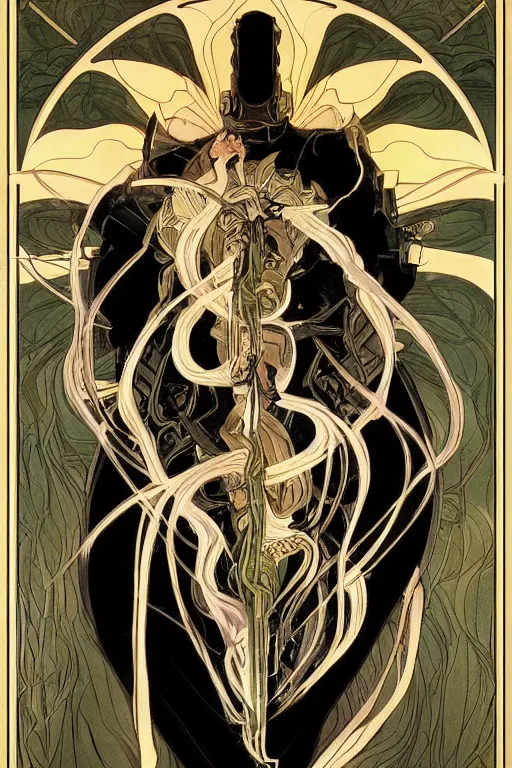 Image similar to a dramatic ethereal epic painting of Venom | tarot card, art deco, art nouveau, realistic | dramatic lighting | by Dresden Codak, by Mark Maggiori and Alphonse Mucha | trending on artstation