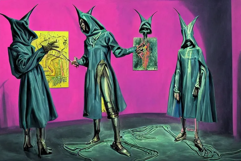 Image similar to a masterpiece painting in the laboratory of a technomancer wizard, in dazzle camouflaged robes, pointed hoods, he discusses sentience with his al djinn by remedios varo and anato finnstark and greg rutkowski and andy warhol and francis picabia. dayglo pink blue, prismatic, pearlescent, raven black, glowing, hyperrealism, trending on artstation