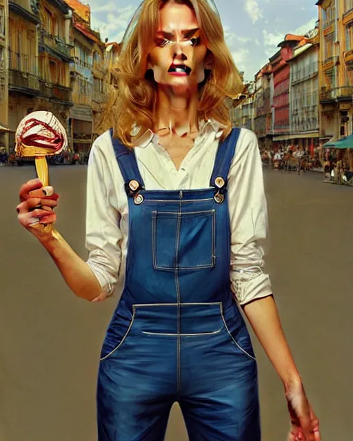 Image similar to portrait of a blonde barbara bach from the bond film wearing dungarees and eating ice creams in porto, real life skin, intricate, elegant, highly detailed, artstation, concept art, smooth, sharp focus, art by artgerm and greg rutkowski and alphonse mucha