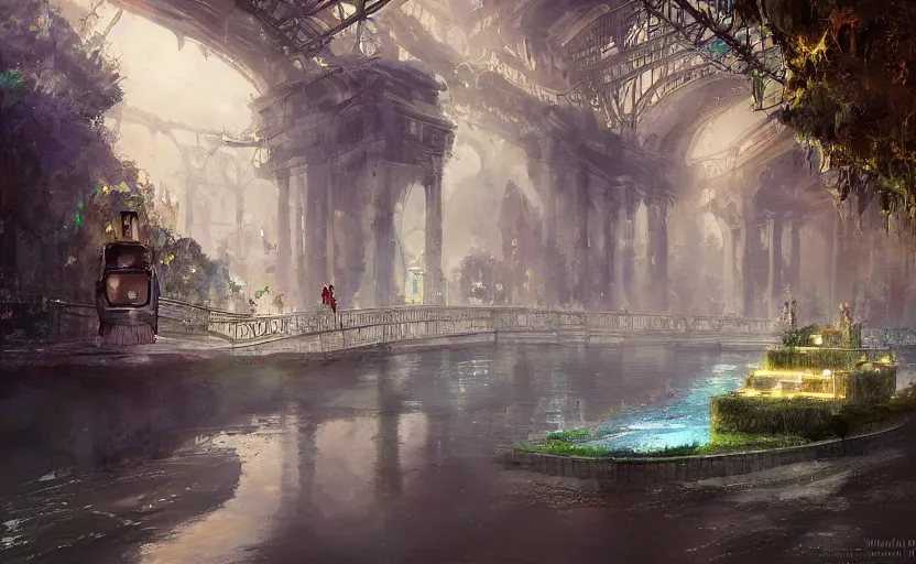 Prompt: An urban train rides inside of a waterway on a fantasy city, next to a fountain and a mystical palace. By William-Adolphe Bouguerea, Jordan grimmer, fractal flame. Highly_detailded