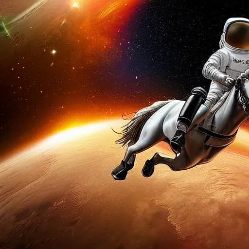 Image similar to digital art, astronaut riding a horse in space