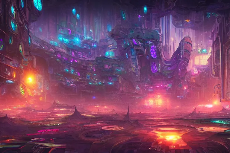 Image similar to a psychedelic city at the edge of existence where intensely creative astral beings live, in the style of wlop, illustration, epic, fantasy, hyper detailed, smooth, unreal engine, sharp focus, ray tracing