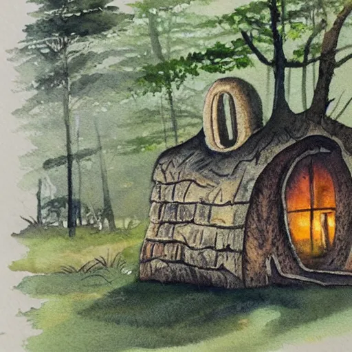 Prompt: vintage watercolor painting of a mushroom house in a magical forest grove, trending on artstation