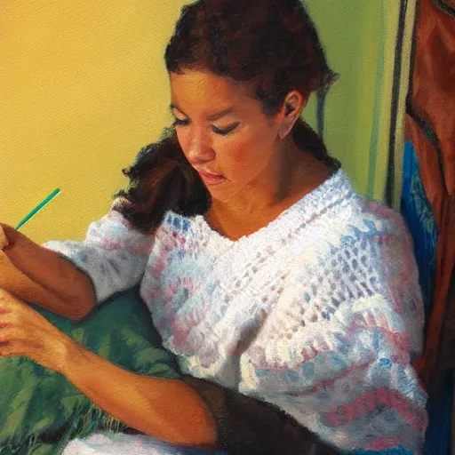 Prompt: painting young woman crochetting