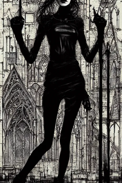 Image similar to dreamy gothic girl, black leather slim clothes, impressive and unprincipled, wonderful slim body, detailed acrylic, grunge, intricate complexity, by dan mumford and by alberto giacometti, peter lindbergh