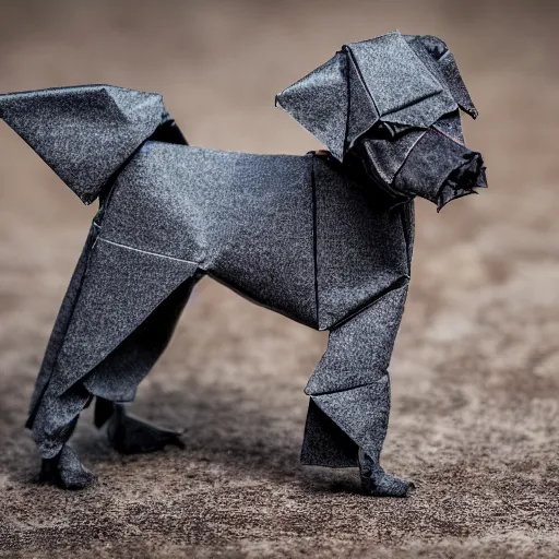 Image similar to a grey black hairless miniature toy poodle in the Taiwan valleys, made from origami, videogame still in Tekken 7, 40mm lens, shallow depth of field, split lighting