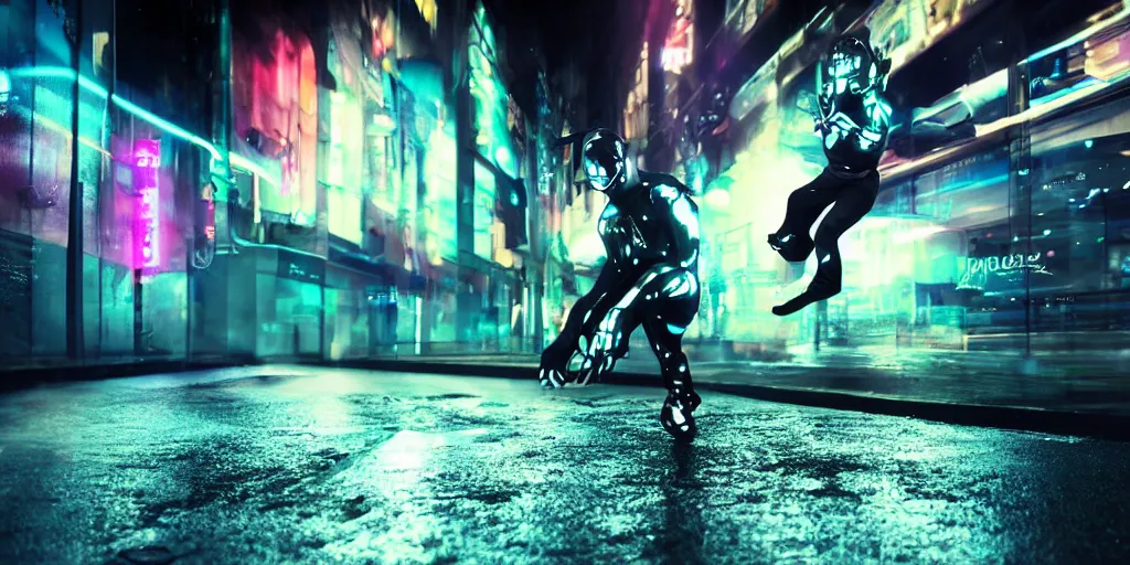 Image similar to slow motion picture of futuristic break dancer wearing dark tron suit with neon lights, long exposure shot , at night in the middle of a rainy street, paddles of water, rim lights, glossy reflections, octane render, detailed and soft, by laurie greasley