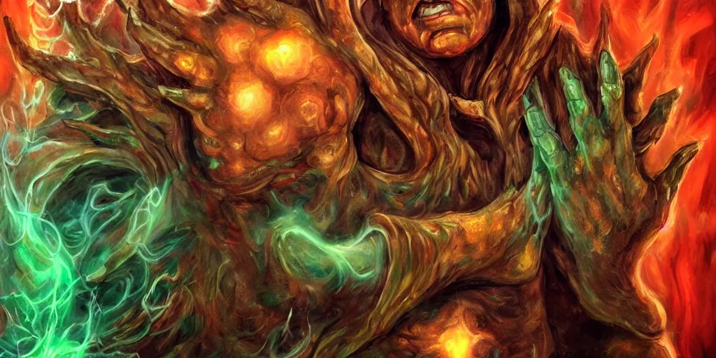 Image similar to Character portrait, face close up: Demiurge faceless god with four hands, Maker of Worlds.. Unique character. Centered in the scene. In the middle of the Universe. In the style of Samwise Didier